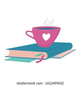 Closed hardcover book, textbook with a tassel and a book marker lying on top of en envelope and sheet of paper with cup of hot tea, coffee on top, cute reading club, book blog logo template