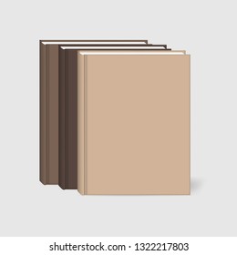 Closed hardcover books standing on the table, realistic vector mock-up. Blank brown notebook set, template.