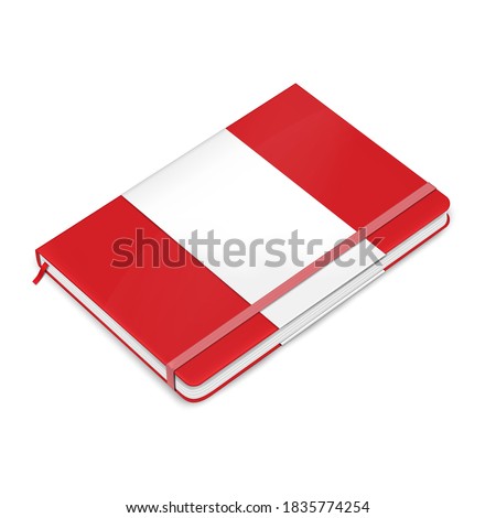 Closed hardcover notebook with ribbon bookmark and elastic closure strap, realistic vector illustration. Business diary with red blank hard cover isolated on white background.