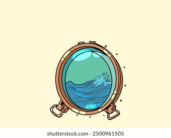 Closed hatch overlooking the ocean. An extreme form of recreation involving diving. The dream is to go to the sea and swim. Pop Art Retro Vector Illustration Kitsch Vintage 50s 60s Style