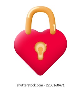 Corazón cerrado en forma de candado. Símbolo de amor Feliz Día de San Valentín. Corazón de bloqueo rojo 3d aislado sobre fondo blanco. Ilustración vectorial.