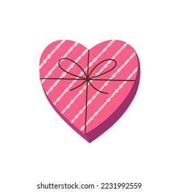 Closed heart shaped gift box. Pink striped box for present or chocolate sweets. Valentine’s day concept illustration. Vector clipart for greeting cards, wedding invitations, party, birthday cards.