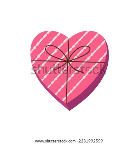 Closed heart shaped gift box. Pink striped box for present or chocolate sweets. Valentine’s day concept illustration. Vector clipart for greeting cards, wedding invitations, party, birthday cards.