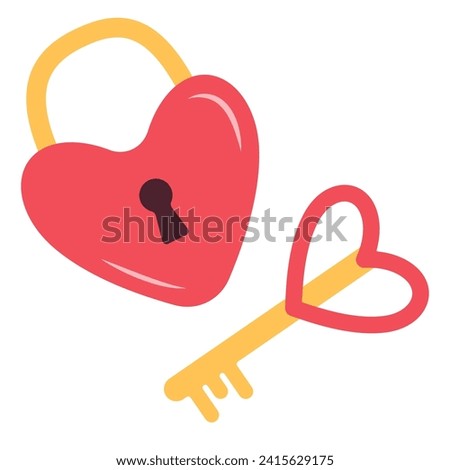 Closed heart shaped padlock with key, symbol of love. Simple Hand Drawn flat style. Retro. Perfect For Poster, Card, Invitation, Tshirt Print or Valentines Day Greeting Card. Vector illustration