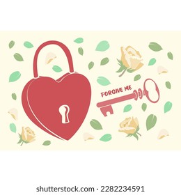 A closed heart-shaped lock and an opening key that opens with the words "Forgive me". Roses and leaves. Reconciliation concept. Delicate, pastel colors. For postcards, invitations, magazines.