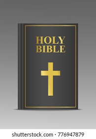 Closed Holy Bible vector 3d template.  Religion book mock up with black cover and gold frame with cross and font. Christian religious illustration