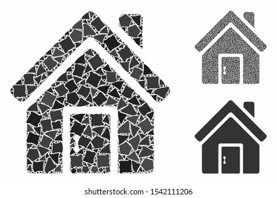 Closed house door composition of joggly parts in variable sizes and color tints, based on closed house door icon. Vector irregular parts are united into composition.