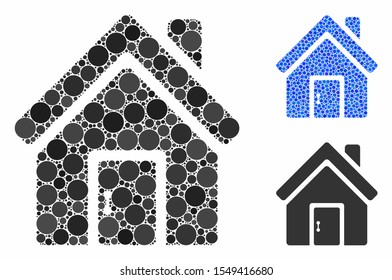 Closed house door composition of small circles in various sizes and shades, based on closed house door icon. Vector small circles are combined into blue composition.