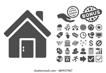 Closed House Door pictograph with bonus pictograph collection. Vector illustration style is flat iconic symbols, gray color, white background.