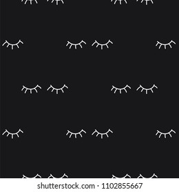 Closed human eyes with eyelashes during night sleep on black background. Seamless pattern background dreaming eyes