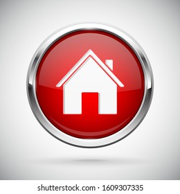 Closed icon. Red shiny 3d button with metal frame and locked home symbol. Vector illlustration