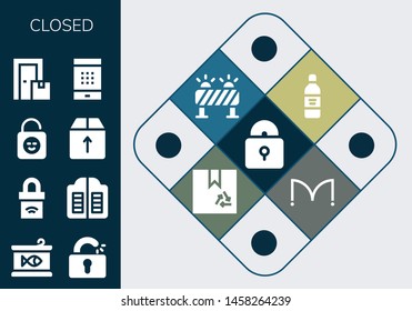 closed icon set. 13 filled closed icons.  Simple modern icons about  - Padlock, Canned food, Unlocked, Doors, Lock, Box, Password, Wine bottle, Barrier