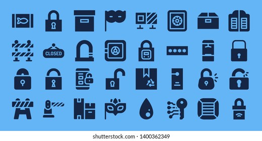 closed icon set. 32 filled closed icons. on blue background style Simple modern icons about  - Canned food, Barrier, Padlock, Lock, Closed, Box, Boxes, Eye mask, Safe box, Unlock