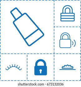 Closed icon. set of 6 closed filled and outline icons such as lock, cream tube, eyelashes