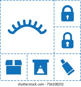 Closed icon. set of 6 closed filled icons such as lock, cream tube, eyelashes, box