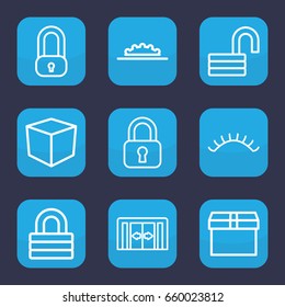 Closed icon. set of 9 outline closed icons such as sliding doors, eyelashes, lock, opened lock, camera wheel