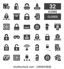 closed icon set. Collection of 32 filled closed icons included Lock, Padlock, Door hanger, Password, Safe, Box, Unlocked, Unlock, Padlocks, Eye mask, Locked, Thermo, Subtitles