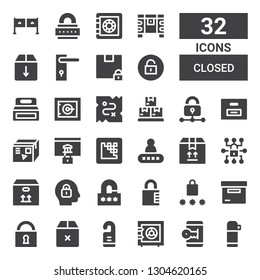 closed icon set. Collection of 32 filled closed icons included Thermo, Unlocked, Safe box, Door hanger, Box, Padlock, Password, Lock, Media encoder, Boxes, Treasure, Safe, Unlock