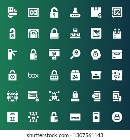 closed icon set. Collection of 36 filled closed icons included Padlock, Locker, Subtitles, Box, Password, Unlocked, Lock, Traffic barriers, Treasure, Padlocks, Access, Media encoder