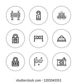 Closed icon set. collection of 9 outline closed icons with barrier, canned food, door hanger, eye mask, entrance, lock icons. editable icons.