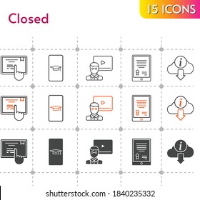 closed icon set. included student-smartphone, tablet, teacher, touchscreen, information icons on white background. linear, bicolor, filled styles.