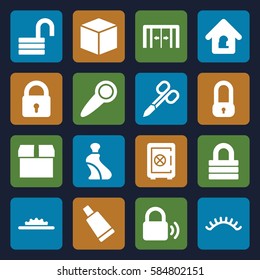 closed icons set. Set of 16 closed filled icons such as sliding doors, lock, manicure scissors, cream tube, eyelashes, Safe, opened lock, camera wheel, lock home, door knob