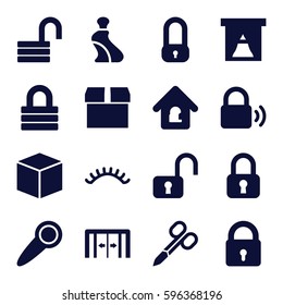closed icons set. Set of 16 closed filled icons such as sliding doors, lock, manicure scissors, cream tube, eyelashes, opened lock, door knob, box