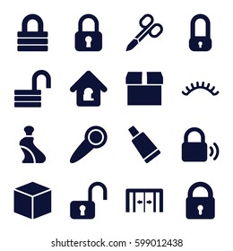 closed icons set. Set of 16 closed filled icons such as sliding doors, lock, manicure scissors, cream tube, eyelashes, opened lock, door knob