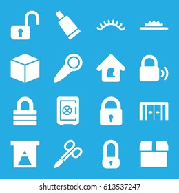 Closed icons set. set of 16 closed filled icons such as sliding doors, lock, manicure scissors, cream tube, eyelashes, Safe, camera wheel, lock home, door knob, box, open lock