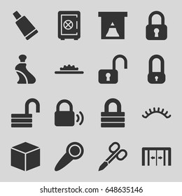Closed icons set. set of 16 closed filled icons such as sliding doors, manicure scissors, cream tube, eyelashes, safe, lock, opened lock, camera wheel, door knob, box
