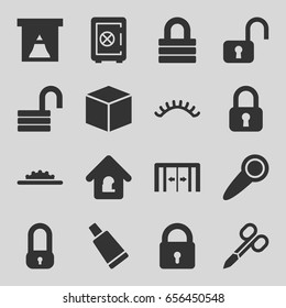 Closed icons set. set of 16 closed filled icons such as sliding doors, lock, manicure scissors, cream tube, eyelashes, safe, opened lock, camera wheel, door knob, box