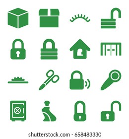 Closed icons set. set of 16 closed filled icons such as sliding doors, manicure scissors, cream tube, eyelashes, safe, lock, opened lock, camera wheel, door knob