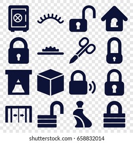 Closed icons set. set of 16 closed filled icons such as sliding doors, lock, manicure scissors, cream tube, eyelashes, safe, opened lock, camera wheel, box