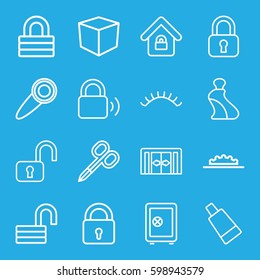 closed icons set. Set of 16 closed outline icons such as sliding doors, lock, manicure scissors, cream tube, eyelashes, Safe, opened lock, camera wheel, door knob