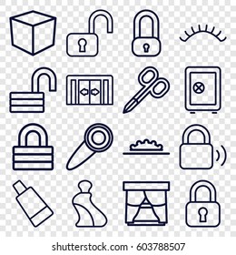 Closed icons set. set of 16 closed outline icons such as sliding doors, manicure scissors, cream tube, eyelashes, Safe, lock, opened lock, camera wheel, door knob, box