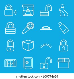Closed icons set. set of 16 closed outline icons such as sliding doors, cream tube, eyelashes, Safe, lock, opened lock, camera wheel, door knob, box, open lock