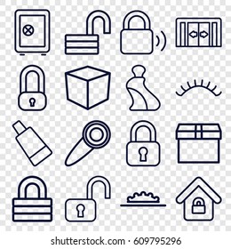 Closed icons set. set of 16 closed outline icons such as sliding doors, cream tube, eyelashes, Safe, lock, opened lock, camera wheel, door knob