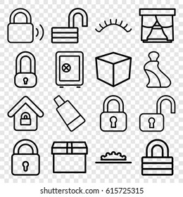 Closed icons set. set of 16 closed outline icons such as lock, cream tube, eyelashes, Safe, opened lock, camera wheel, box