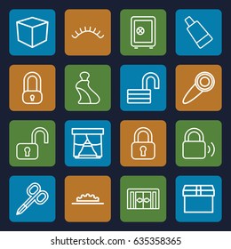 Closed icons set. set of 16 closed outline icons such as sliding doors, manicure scissors, cream tube, eyelashes, safe, opened lock, camera wheel, door knob, lock, box