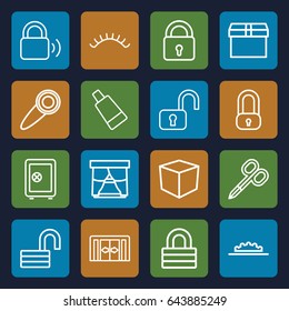 Closed icons set. set of 16 closed outline icons such as sliding doors, lock, manicure scissors, cream tube, eyelashes, safe, opened lock, camera wheel, door knob, box