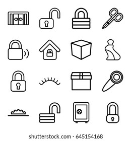 Closed icons set. set of 16 closed outline icons such as sliding doors, manicure scissors, cream tube, eyelashes, safe, lock, opened lock, camera wheel, door knob