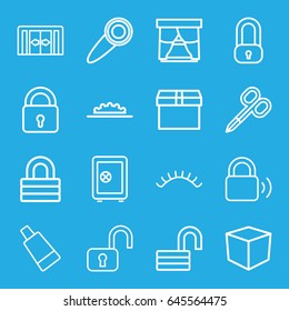 Closed icons set. set of 16 closed outline icons such as sliding doors, lock, manicure scissors, cream tube, eyelashes, safe, opened lock, camera wheel, door knob, box