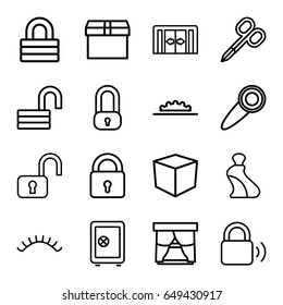 Closed icons set. set of 16 closed outline icons such as sliding doors, lock, manicure scissors, cream tube, eyelashes, safe, opened lock, camera wheel, door knob, box