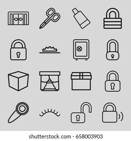 Closed icons set. set of 16 closed outline icons such as sliding doors, lock, manicure scissors, cream tube, eyelashes, safe, camera wheel, door knob, box, open lock