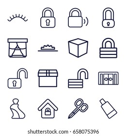 Closed icons set. set of 16 closed outline icons such as sliding doors, manicure scissors, cream tube, eyelashes, lock, opened lock, camera wheel, box