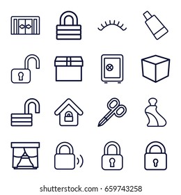 Closed icons set. set of 16 closed outline icons such as sliding doors, lock, manicure scissors, cream tube, eyelashes, safe, opened lock, box