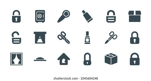 Closed icons. set of 18 editable filled closed icons: lock, manicure scissors, cream tube, safe, box, window, camera wheel, lock home, door knob