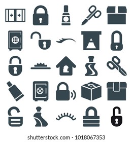Closed icons. set of 25 editable filled closed icons such as lock, manicure scissors, cream tube, eyelashes, safe, box, window, camera wheel, lock home
