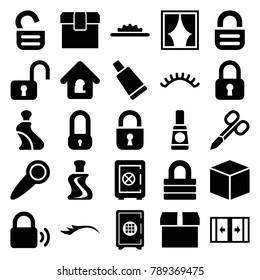 Closed icons. set of 25 editable filled closed icons such as manicure scissors, cream tube, eyelashes, safe, lock, box, open lock, camera wheel, door knob, sliding doors