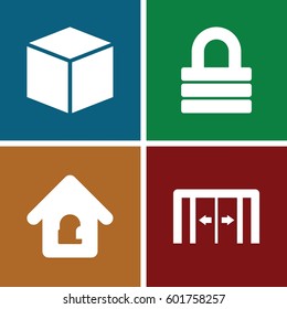 closed icons set. Set of 4 closed filled icons such as sliding doors, lock, lock home